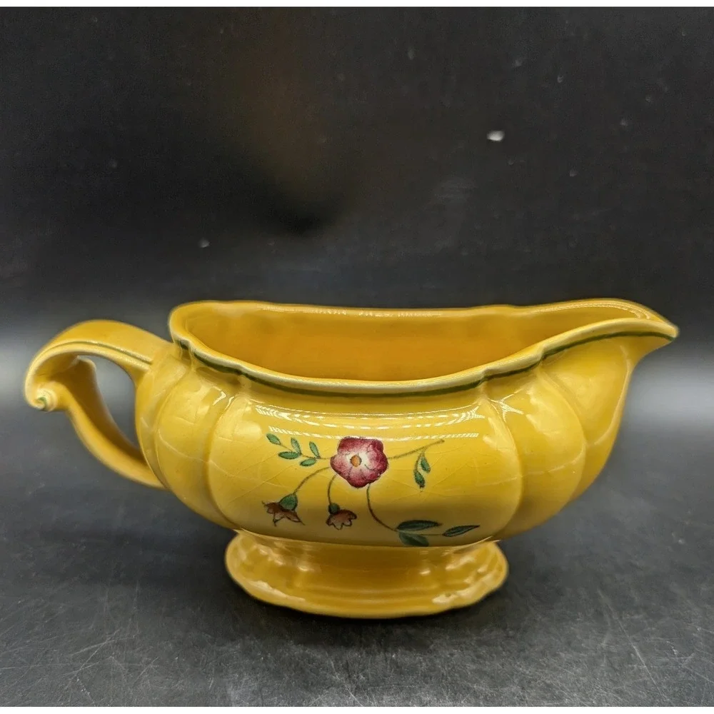 Vintage Longchamp Hand Painted France Yellow Floral Gravy Boat Pedestal 7